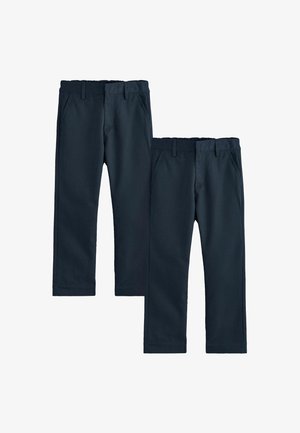Mørkeblå bukser med en glat tekstur, der har forlommer, bæltestropper og et skræddersyet design. To par vist i forskellige størrelser.