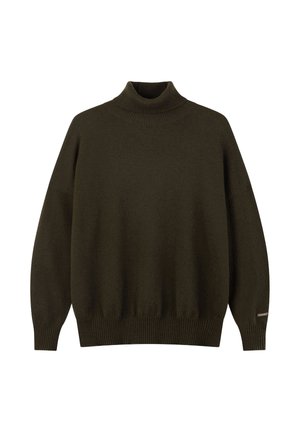 Dunkel olivgrüner Rollkragenpullover mit langen Ärmeln, gerippten Bündchen und Bund, flach auf weißem Hintergrund liegend dargestellt.