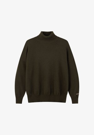 Dunkel olivgrüner Rollkragenpullover mit langen Ärmeln, gerippten Bündchen und Bund, flach auf weißem Hintergrund liegend dargestellt.
