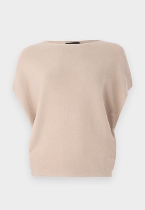 Tricou tricotat într-o nuanță moale de bej, cu un croi lejer, decolteu larg și mâneci scurte. Prezintă o textură netedă și un design subtil cu striații.