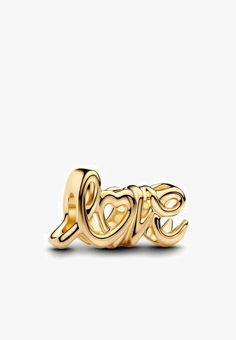 Anello in tonalità oro con un design calligrafico della parola "amore" caratterizzato da lettere intrecciate e una superficie liscia e lucida.