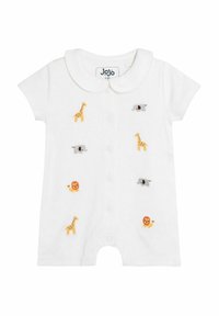 Jumpsuit blanco de manga corta con cuello redondo, que presenta coloridos diseños de animales bordados: jirafas, elefantes y leones. Cierre de botones en la parte delantera.