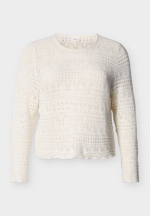 Suéter blanco de crochet con mangas largas, con patrones texturizados y dobladillo ondulado. Material ligero y transpirable.