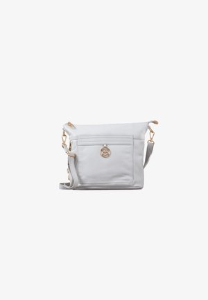 White leather crossbody bag with a zip closure, front pocket, and gold-tone hardware. Features an adjustable strap and a logo accent.