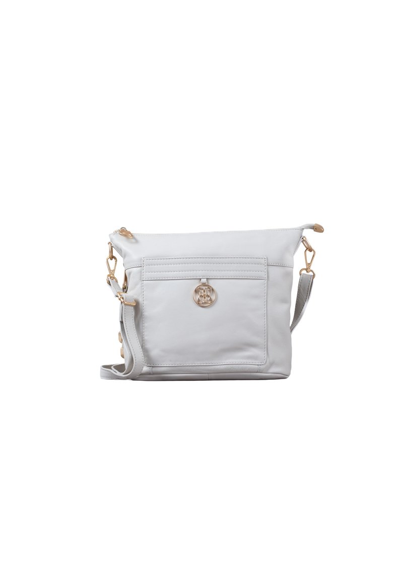 White leather crossbody bag with a zip closure, front pocket, and gold-tone hardware. Features an adjustable strap and a logo accent.