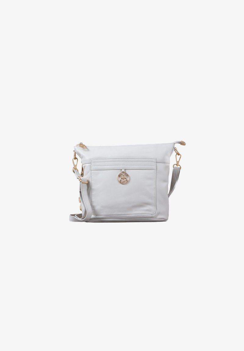 White leather crossbody bag with a zip closure, front pocket, and gold-tone hardware. Features an adjustable strap and a logo accent.
