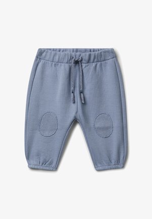 Niebieskie spodnie dziecięce z elastycznym pasem, sznurkiem do regulacji, elastycznymi mankietami oraz teksturowanymi okrągłymi łatami na kolanach na obu nogawkach.