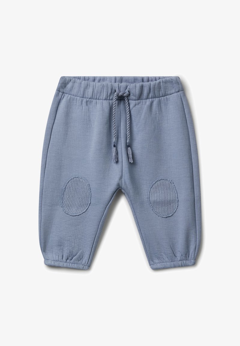 Blaue Babysachen mit elastischem Bund, Zugband, elastischen Bündchen und strukturierten, kreisförmigen Knieflicken an beiden Beinen.