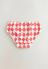 Rot- und cremefarbener Karobikiniunterteil mit blauen Herzakzenten, solidem Bund und zarten, gesäumten Kanten. Weicher Stoff, enganliegendes Design.