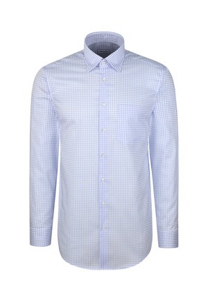 Herren Langarmhemd mit hellblauem und weißem Karomuster und einer einzelnen Brusttasche.