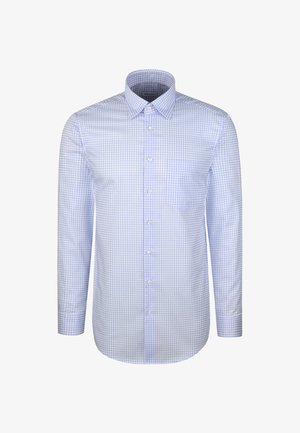Herren Langarmhemd mit hellblauem und weißem Karomuster und einer einzelnen Brusttasche.