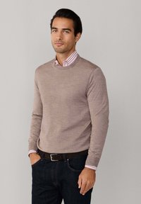 Bruine lange mouwen trui met een ronde hals, gedragen over een roze en witte gestreepte blouse. Donkerdenim jeans en een bruine riem maken de outfit compleet.