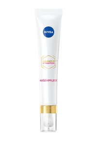 White tube with a gold base and pump dispenser, featuring blue and pink text. Label reads "NIVEA LUMINOUS 630 ANTI-PIGMENTFLECKEN AUGENPFLEGE."