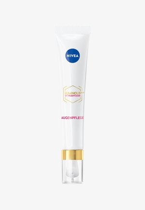 White tube with a gold base and pump dispenser, featuring blue and pink text. Label reads "NIVEA LUMINOUS 630 ANTI-PIGMENTFLECKEN AUGENPFLEGE."
