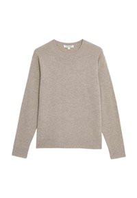Suéter beige hecho de material suave. Presenta un cuello redondo y mangas largas, con puños y dobladillo acanalados. Diseño simple y sólido.