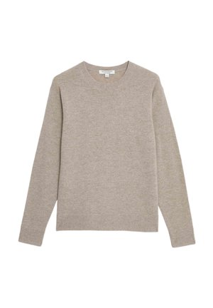 Beige Pullover aus weichem Material. Mit Rundhalsausschnitt und langen Ärmeln, mit gerippten Bündchen und Saum. Einfaches, einfarbiges Design.