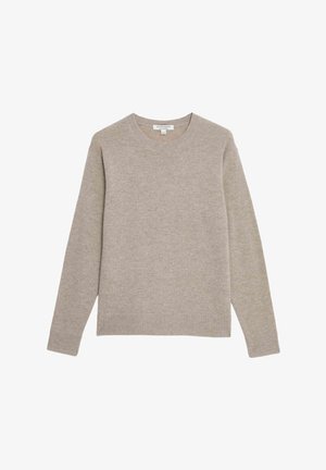 Beige Pullover aus weichem Material. Mit Rundhalsausschnitt und langen Ärmeln, mit gerippten Bündchen und Saum. Einfaches, einfarbiges Design.