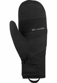 Schwarze Handschuhe mit einem gepolsterten Design, die eine weiche Textur aufweisen und mit einem Etikett "100% recycelbar" versehen sind. Verstärkter Handgelenkbund mit Branding.