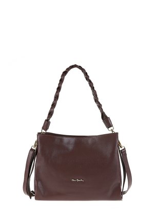 Borsa a tracolla in pelle marrone scuro con spallaccio intrecciato, una tracolla sottile aggiuntiva e un piccolo logo in metallo sul davanti.