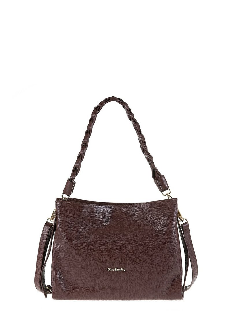 Borsa a tracolla in pelle marrone scuro con spallaccio intrecciato, una tracolla sottile aggiuntiva e un piccolo logo in metallo sul davanti.