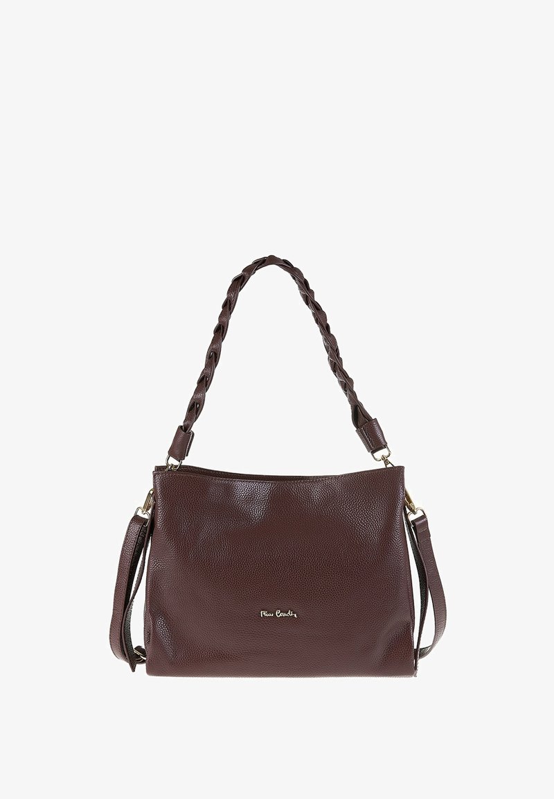 Borsa a tracolla in pelle marrone scuro con spallaccio intrecciato, una tracolla sottile aggiuntiva e un piccolo logo in metallo sul davanti.