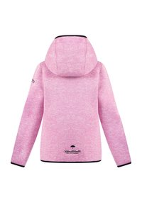 Rosa Kapuzenpullover aus einem strukturierten, melierten Stoff. Verfügt über eine Kapuze, lange Ärmel und einen dunklen Saum. Enthält ein Logo am unteren Rücken.
