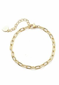 Pulsera de cadena en tono dorado con eslabones ovalados, acentos texturizados y un cierre de langosta. Cuenta con una corta cadena extensora con un charm circular.