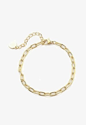 Gouden kettingarmband met ovale schakels, getextureerde accenten en een kreeftsluiting. Voorzien van een korte verlengkroon met een cirkelvormige charm.