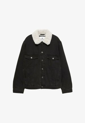 Black denim jacket with a white faux fur collar, front button closure, and two chest pockets. Features a relaxed fit and textured fabric.