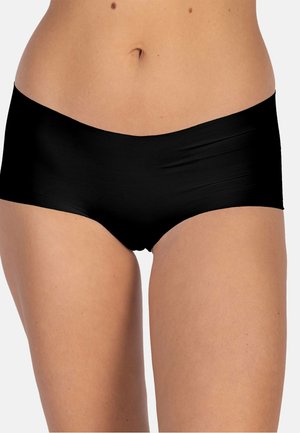 Schwarze Hipster-Unterwäsche im angesagten Stil aus glattem Material. Das Design verfügt über einen nahtlosen Bund und eine figurbetonte Silhouette, die vollständige Abdeckung bietet.