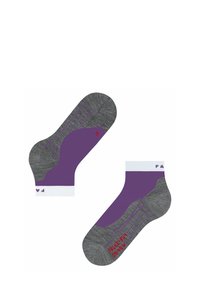 Dwie pary skarpetek kostkowych wyeksponowane. Jedna skarpetka jest głównie fioletowa z szarymi akcentami; druga jest głównie szara z fioletowymi detalami.