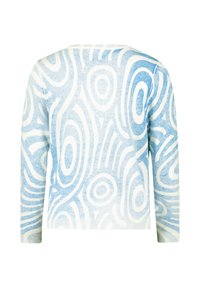 Pull à manches longues avec un motif abstrait tourbillonnant bleu et blanc, poignets et ourlet côtelés, vu de dos.