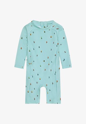 Hellblauer langärmeliger Badeanzug für Kleinkinder mit kleinen bunten Segelbootmustern und einem Reißverschluss auf der Rückseite.