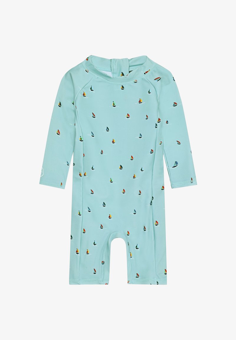 Maillot de bain à manches longues bleu clair pour tout-petit, orné de petits motifs de voiliers colorés sur l'ensemble, avec une fermeture éclair au dos.