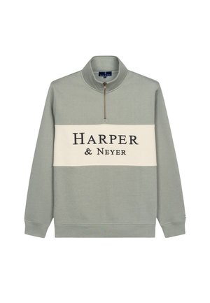 Sudadera verde claro con cuello de media cremallera y panel blanco que presenta el texto "HARPER & NEYER" en negro. Tejido suave y texturizado.