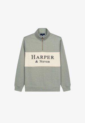 Light green sweatshirt with a half-zip collar and white panel featuring the text "HARPER & NEYER" in black. Soft, textured fabric.
