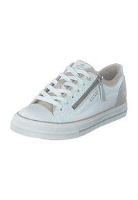 Sneaker bianco con tomaia in pelle liscia, dettagli grigi, una cerniera laterale e lacci bianchi. Suola in gomma con motivo di presa testurizzato.