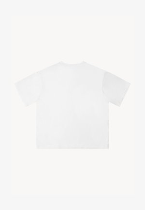 Prosty biały T-shirt z krótkim rękawem, rozłożony na płasko, pokazujący tylną stronę z okrągłym dekoltem na białym tle.