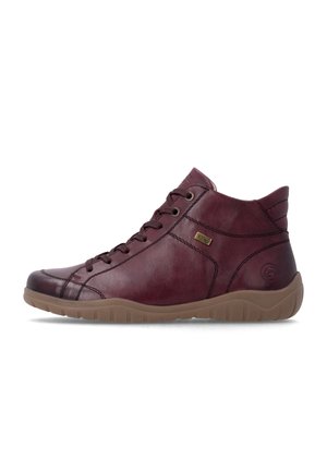 Maroon leather high-top sneaker with brown rubber sole, side stitching details, and lace-up front, shown in a left side profile.