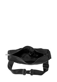 Borsa a cintura nera in tessuto con zip sulla parte superiore, esterno liscia, tracolla regolabile e interno spazioso con più tasche.