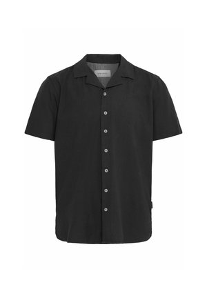 Short-sleeve, collared shirt in solid black, made of lightweight fabric. Features a button front, smooth texture, and straight hem.