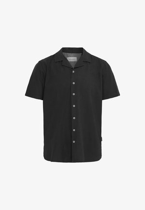 Short-sleeve, collared shirt in solid black, made of lightweight fabric. Features a button front, smooth texture, and straight hem.