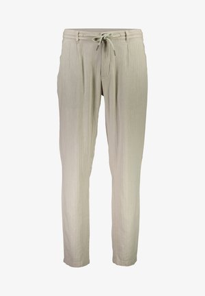 Jasbeżowe spodnie z troczkami o luźnym kroju, wykonane z teksturowanej tkaniny. Posiadają kieszenie oraz zwężane nogawki.