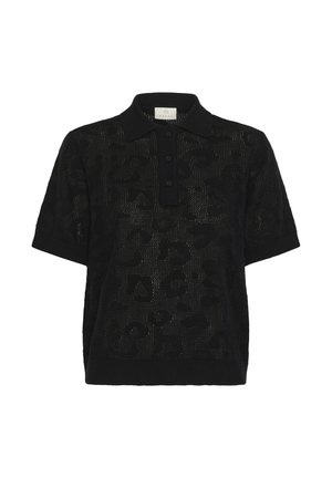 Polo noir à manches courtes en tissu tricoté avec un motif léopard. Doté d'un col et d'une patte de boutonnage à trois boutons.