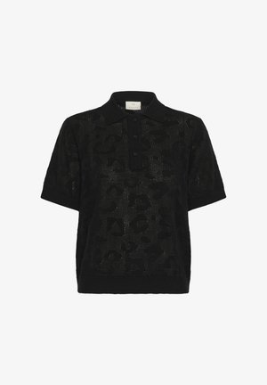 Polo shirt nero a maniche corte realizzato in tessuto a maglia con motivo leopardato. Presenta un colletto e una patta con tre bottoni.