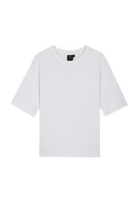 Witte katoenen t-shirt met een ronde hals, korte mouwen en een rechte zoom. Voorzien van een subtiele logoafdruk in een lichte kleur op de voorkant.