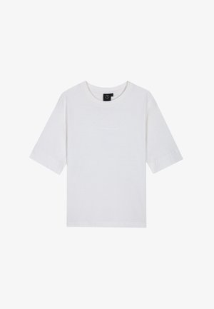 Weißes Baumwoll-T-Shirt mit rundem Ausschnitt, kurzen Ärmeln und geradem Saum. Verfügt über ein dezentes Logo in hellen Farben, das über die Vorderseite gedruckt ist.