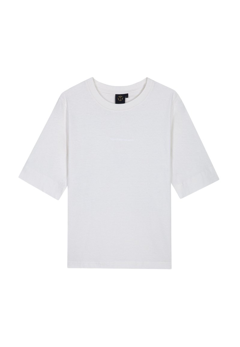 Witte katoenen t-shirt met een ronde hals, korte mouwen en een rechte zoom. Voorzien van een subtiele logoafdruk in een lichte kleur op de voorkant.