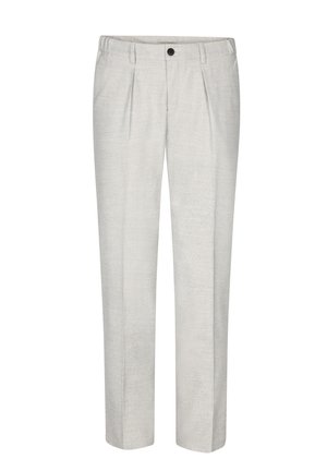 Pantalones gris claro hechos de tejido texturizado, con corte recto, pliegues frontales y un único botón negro en la cintura.