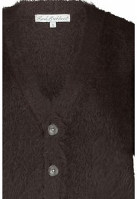 Dark brown fuzzy cardigan with V-neck, two large buttons, and a "Red Button" brand label showing size small.